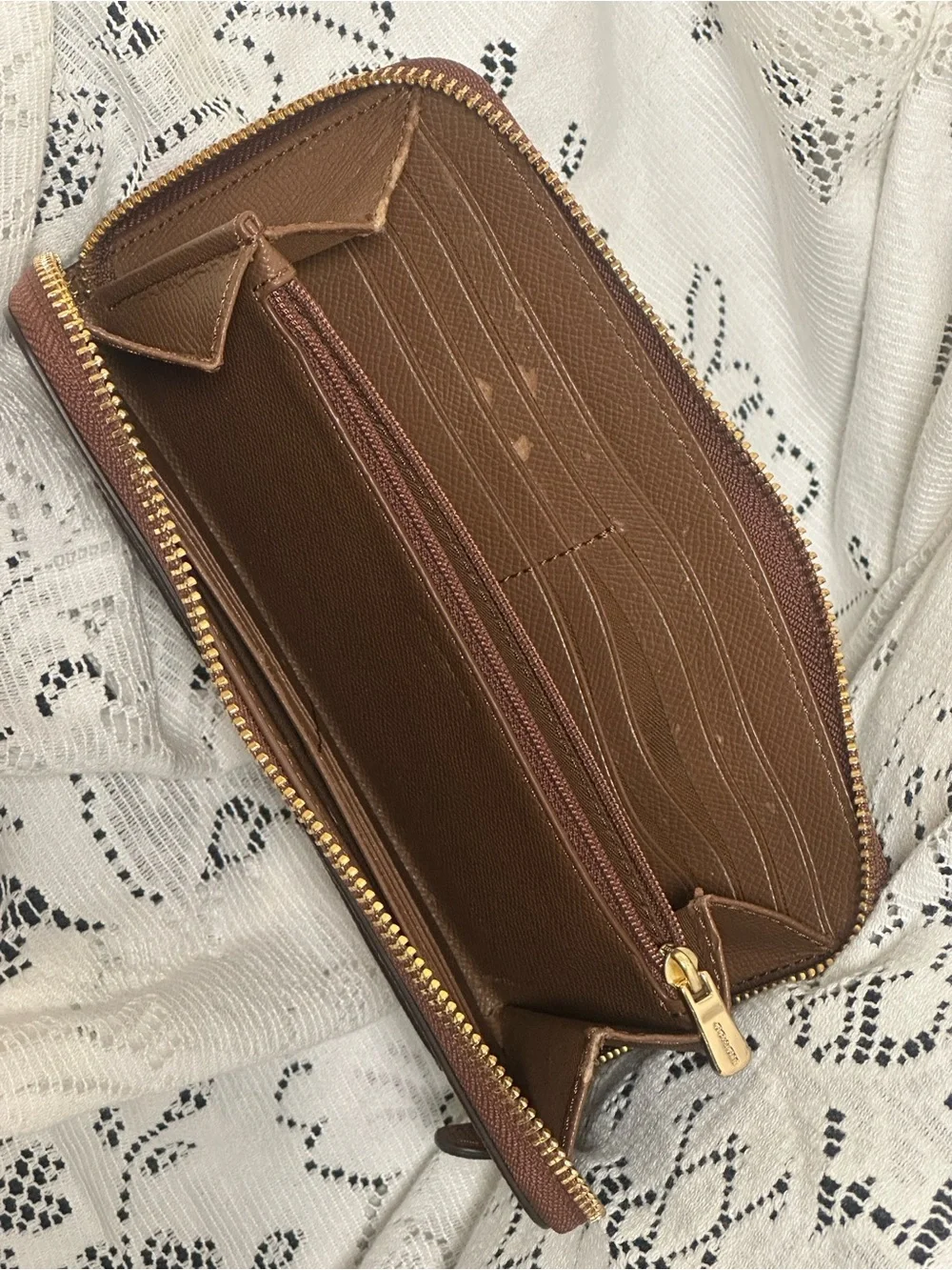 Coach Brown Saffiano Zip Wallet with Exterior Card Slot